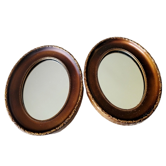 Vintage Set of 2 Oval Mirrors Traditional Farmhouse Primitive 9 x 7 Brown Frame - Picture 1 of 8